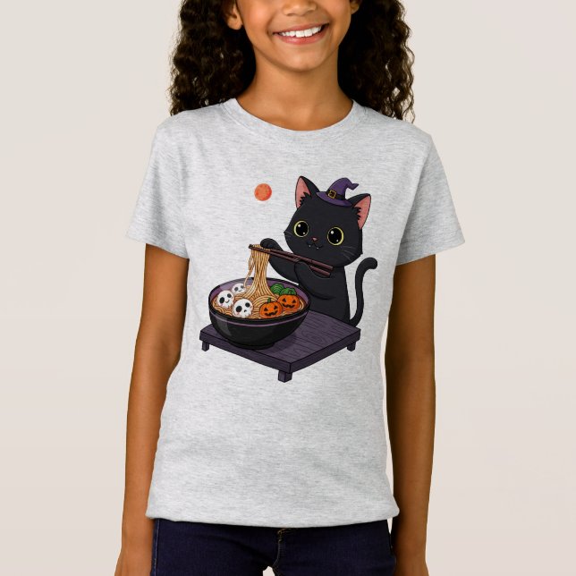 Cute Spooky Black Cat och Midnight Ramen T Shirt (Framsida)