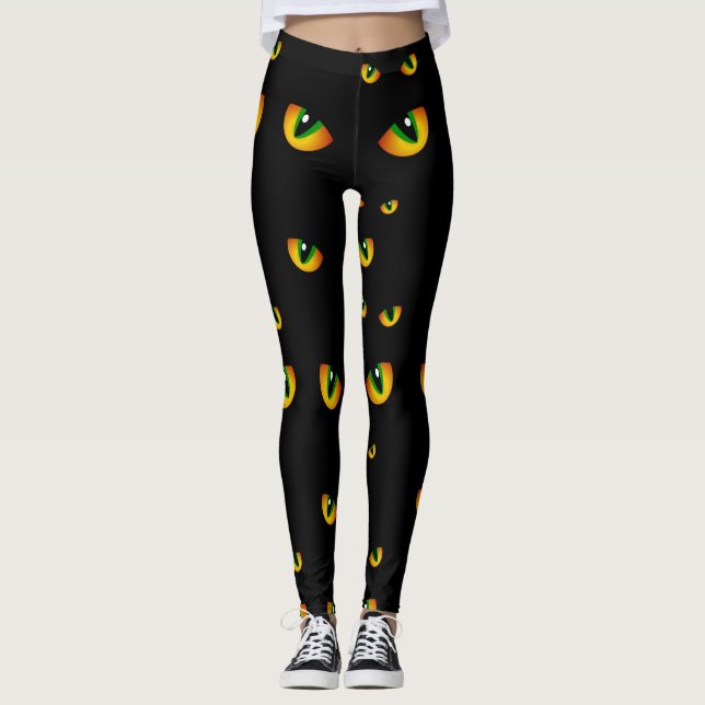 Cute Spooky Black Halloween Cat Ögon på natten Leggings (Framsida)