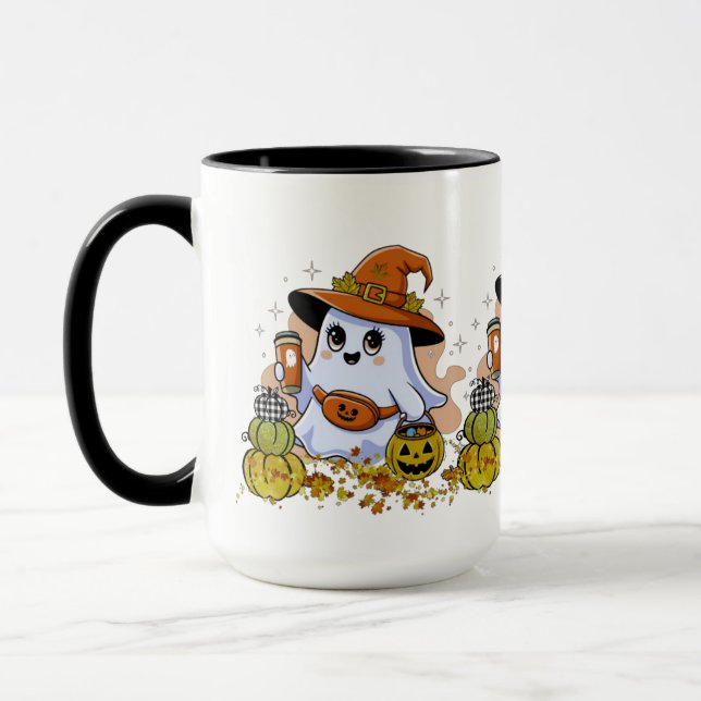 Cute Spooky Drinking Coffee Combo Mugg, 15 oz Mugg (Vänster)