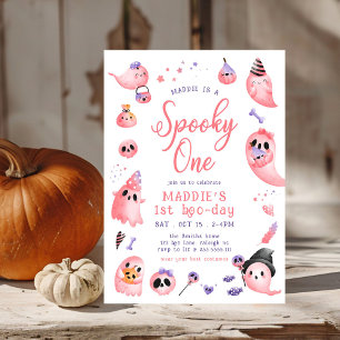 Cute Spooky En Rosa Halloween Ghost 1:a födelsedag Inbjudningar