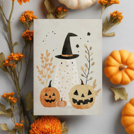 Cute& Spooky Ghost med Jack-o'-Lanternor Halloween Vykort