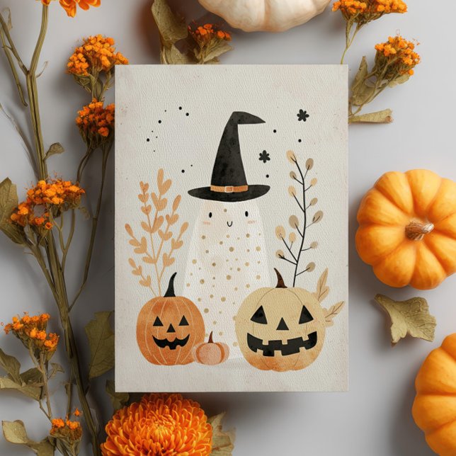 Cute& Spooky Ghost med Jack-o'-Lanternor Halloween Vykort (Skapare uppladdad)