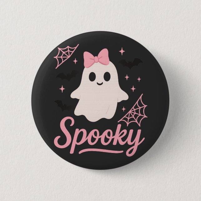 Cute Spooky Ghost med Rosa Bow Kawaii Halloween Knapp (Framsida)