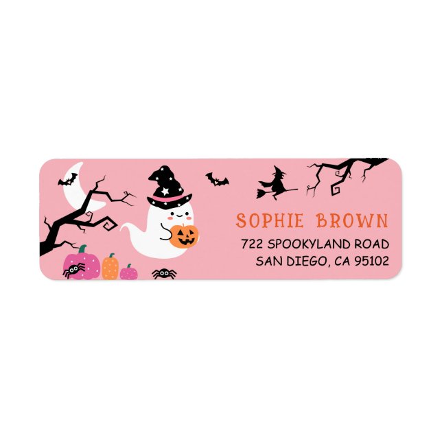Cute& Spooky Ghost Rosa Halloween Returadress Returadress Etikett (Framsidan)