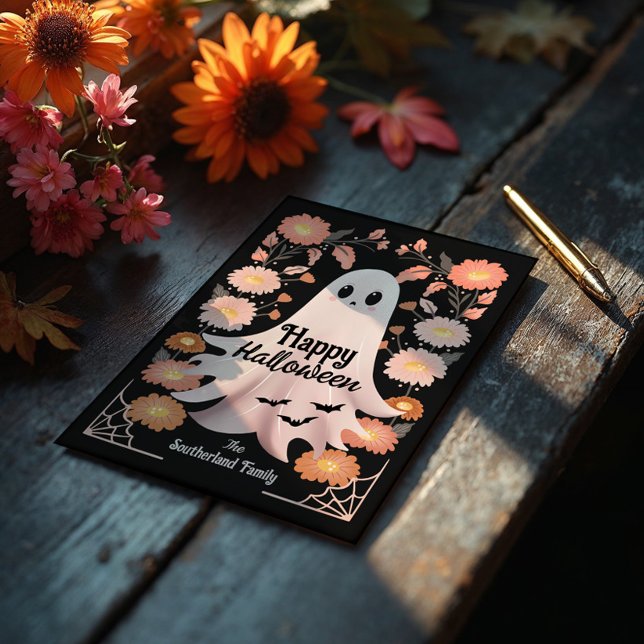 Cute Spooky Ghost Whimsical Blommigt Halloween Kort (Cute Spooky Ghost Whimsical Floral Halloween Card)