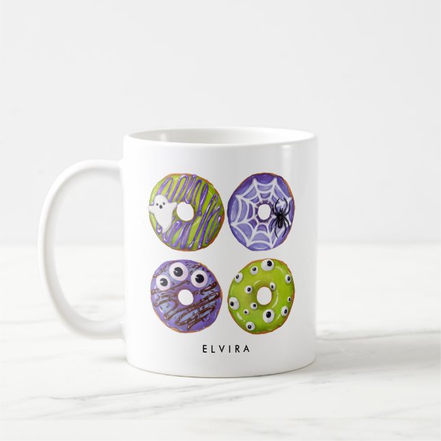 Cute Spooky Grönt & Lila Monster Donuts Kaffemugg (Vänster)