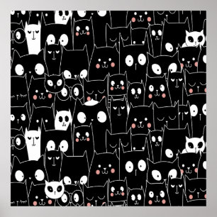 Cute Spooky Halloween Black White Tecknad Animal Poster