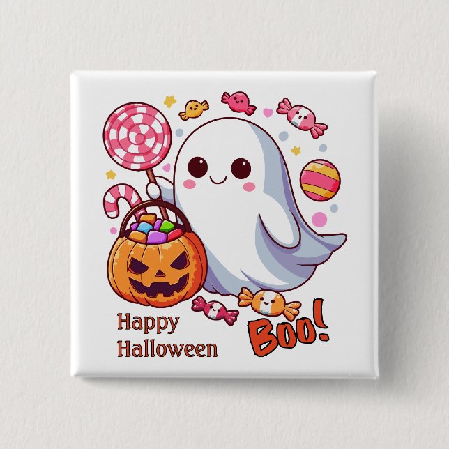 Cute Spooky Halloween Ghost, Pumpkins och Candy Knapp (Framsida)
