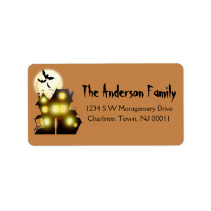 Cute Spooky Halloween Måne hemsökt hus och Fladder Adressetikett