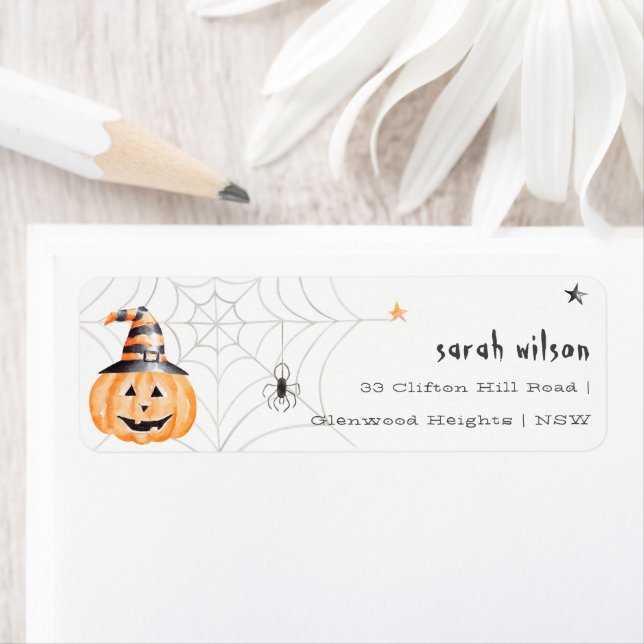 Cute Spooky Halloween Pumpkin Spider Adress Returadress Etikett (Insitu)