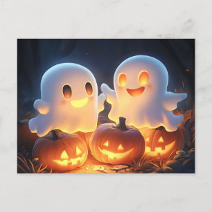 Cute Spooky Halloween Tecknad Spöken Glowing Pumpk Helg Vykort