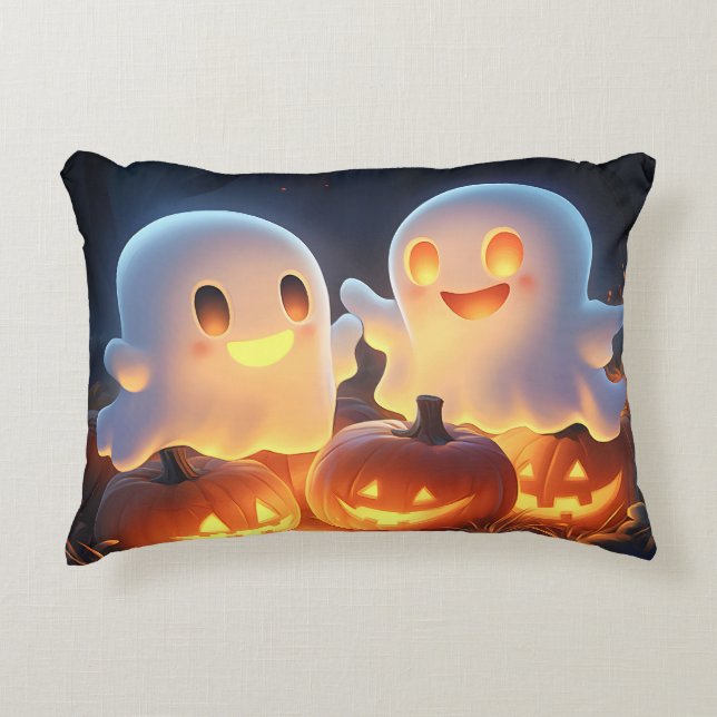 Cute Spooky Halloween Tecknad Spöken Glowing Pumpk Prydnadskudde (Framsidan)