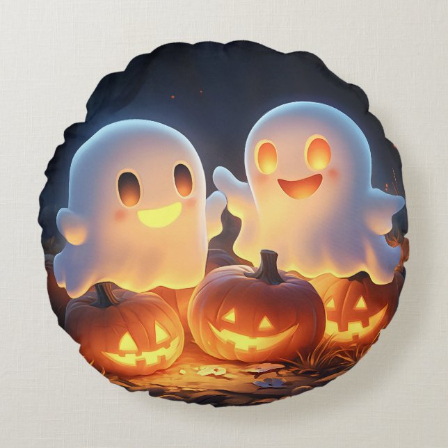 Cute Spooky Halloween Tecknad Spöken Glowing Pumpk Rund Kudde (Framsidan)
