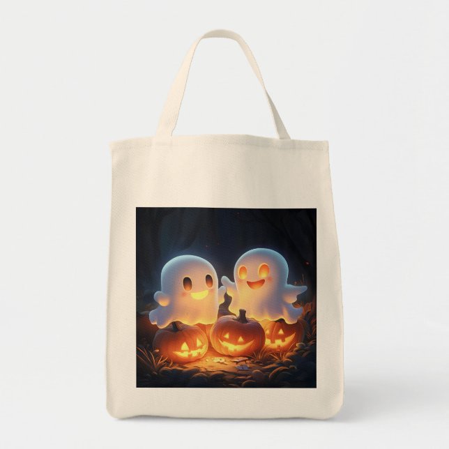Cute Spooky Halloween Tecknad Spöken Glowing Pumpk Tygkasse (Framsidan)