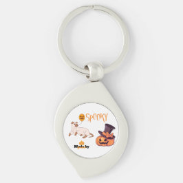 Cute Spooky Hund Ghost & Pumpkin Halloween Design Swirl Silverfärgad Nyckelring