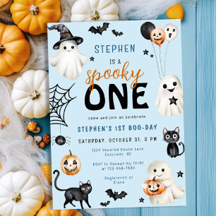 Cute Spooky One Blue Halloween Boy 1st Birthday Inbjudningar