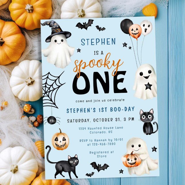 Cute Spooky One Blue Halloween Boy 1st Birthday Inbjudningar (Skapare uppladdad)