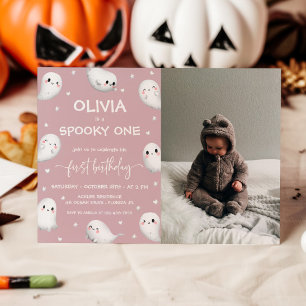Cute Spooky One Halloween Girl 1 Birthday Photo Inbjudningar
