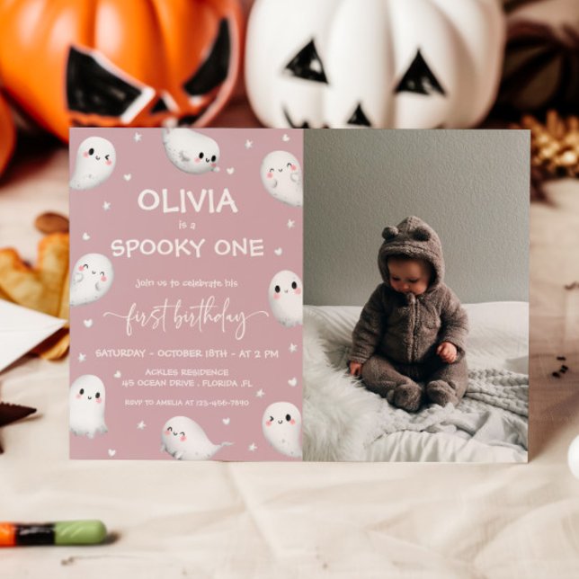 Cute Spooky One Halloween Girl 1 Birthday Photo Inbjudningar (Skapare uppladdad)
