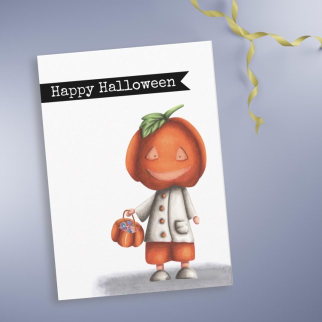 Cute Spooky Pumpkin Head Happy halloween Kort (Cute Halloween card with a little kid in a Jack O Lantern costume by Kinda Cute by Patricia Alvarez)