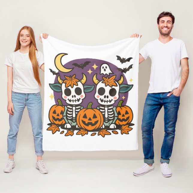 Cute Spooky Skeleton Cows Fleece Blanket (På plats)