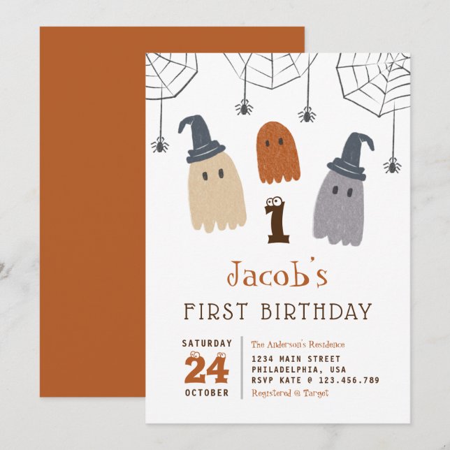Cute Spooky Spöken och Spiders första födelsedag Inbjudningar (Fram/baksida)