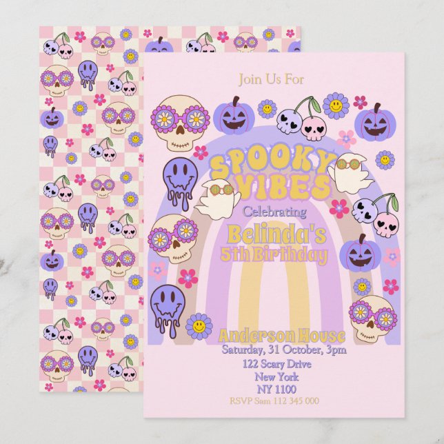 Cute Spooky Vibes Groovy Ghost Halloween Birthday Inbjudningar (Fram/baksida)