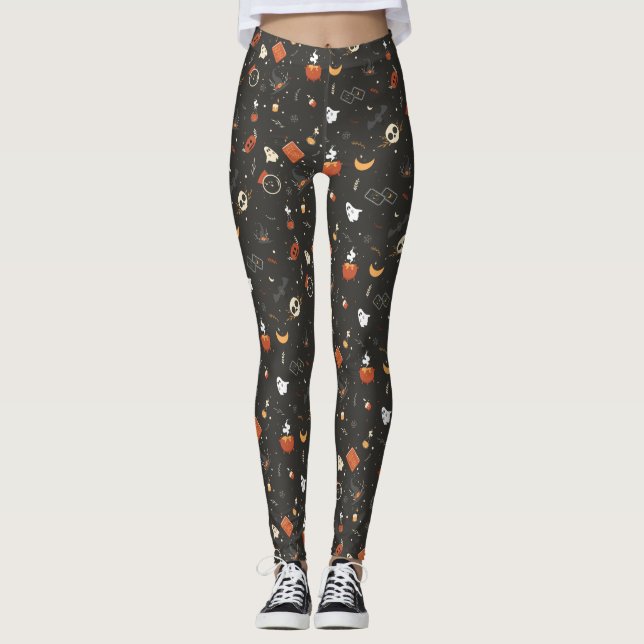 Cute Spooky Whimsical Halloween Mönster-bakgrund Leggings (Framsida)