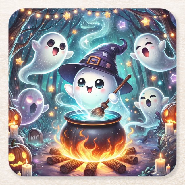 Cute Spooky Witchy Ghost Halloween Decor Underlägg Papper Kvadrat (Framsidan)
