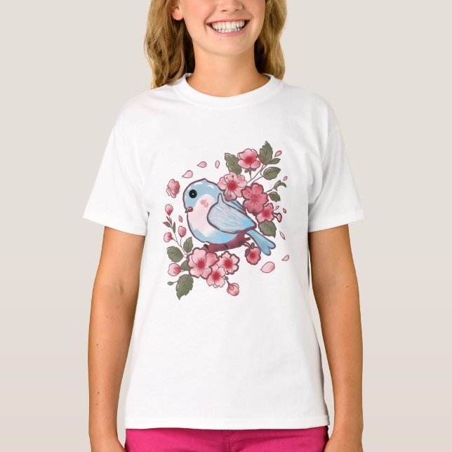 Cute Spring Bluebird & Cherry Blossom Watercolor A T Shirt (Framsida)