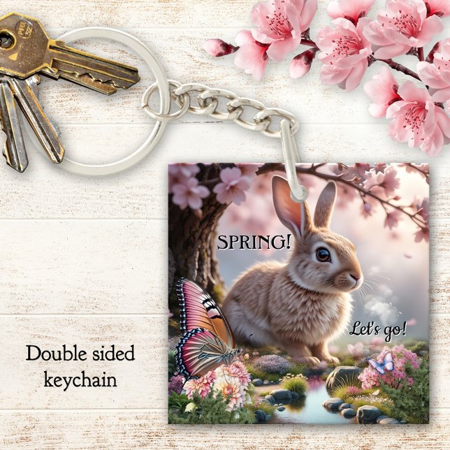 Cute Spring Bunny Butterfly Nature (Butterfly and bunny spring keychain celebrating nature with cherry blossoms)