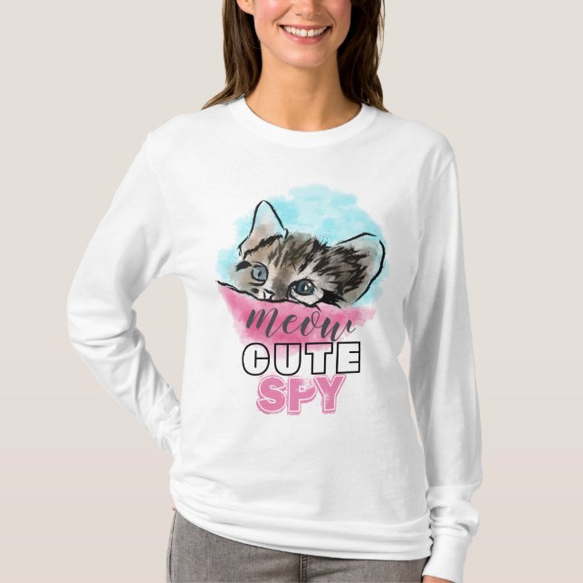 "CUTE SPY" | Funny Cute Kitten Rosa Blue T Shirt (Framsida)