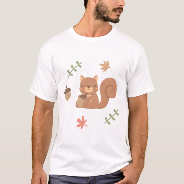 Cute Squirrel Acorn Höst löv Mönster T Shirt (Framsida)