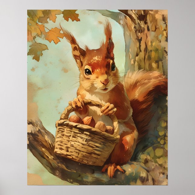 Cute Squirrel Basket Baby Room Decor Poster (Framsidan)