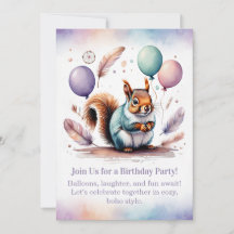Cute Squirrel Birthday Invitation Woodland Boho