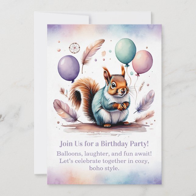 Cute Squirrel Birthday Invitation Woodland Boho  Inbjudningar (Framsida)