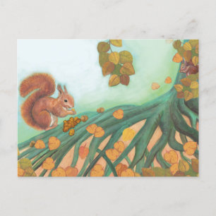 Cute Squirrel Eating Hazelnut Illustration Vykort