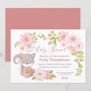 Cute Squirrel Flowers Lämnar Ram Baby Shower Inbjudningar