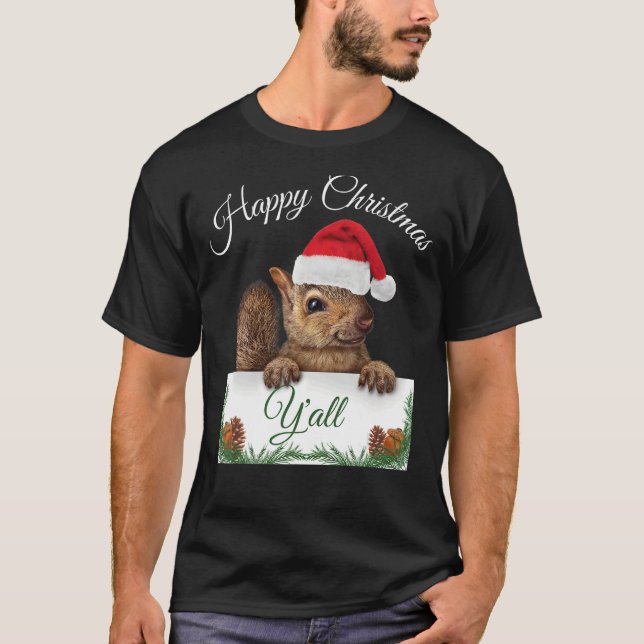 Cute Squirrel Happy Christmas Santa Hat Design T Shirt (Framsida)