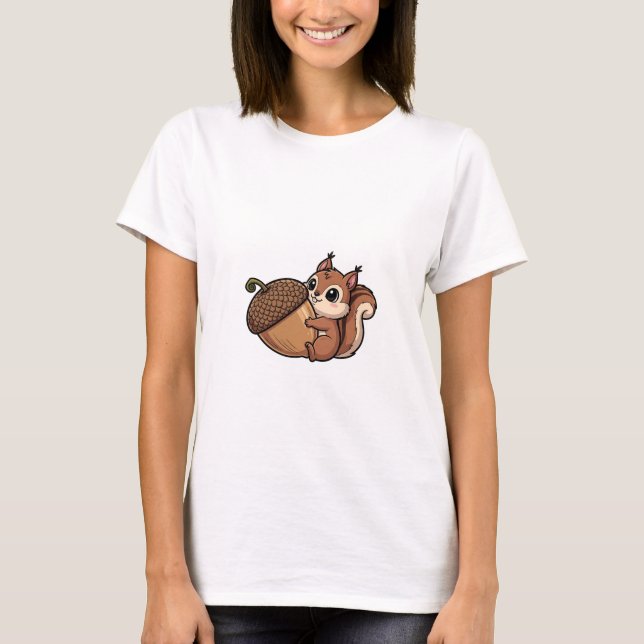 Cute Squirrel Hugging Giant Acorn T Shirt (Framsida)