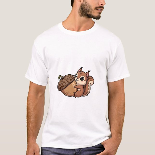 Cute Squirrel Hugging Giant Acorn T Shirt (Framsida)