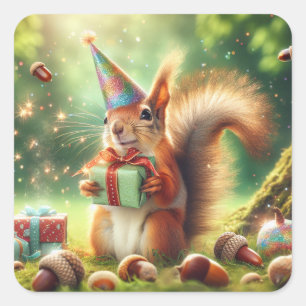 Cute Squirrel i Birthday Hat Fyrkantigt Klistermärke