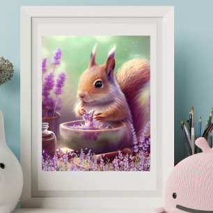 Cute Squirrel i Lavender Fält Art Nursery Poster