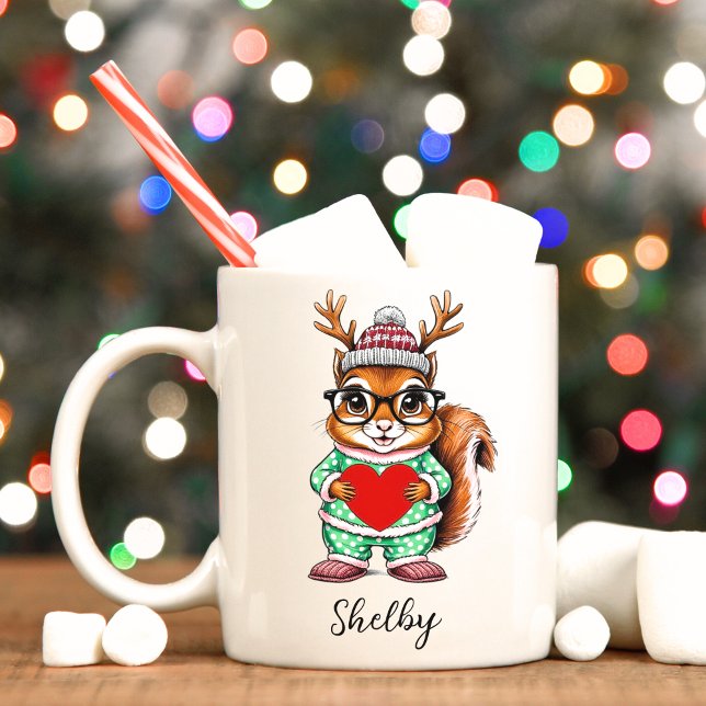 Cute Squirrel-julen Anpassningsbar Helgdag Mugg (Cute reindeer squirrel with Christmas personalized mug. )