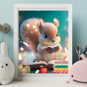 Cute Squirrel läser en bok Anpassningsbar Nursery  Poster