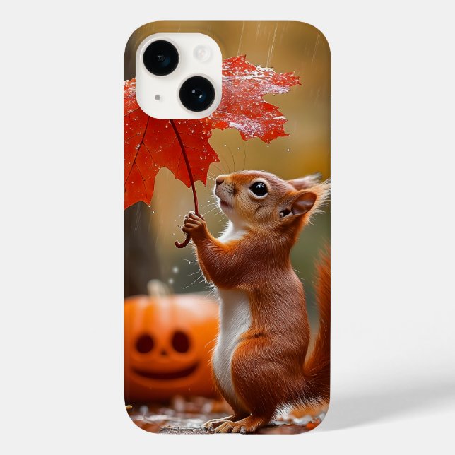 Cute Squirrel med Löv-paraply - höstregn (Baksida)