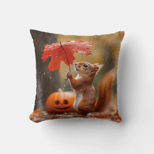Cute Squirrel med Löv-paraply - höstregn Kudde
