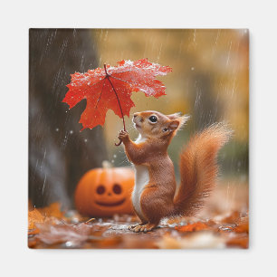Cute Squirrel med Löv-paraply - höstregn Magnet