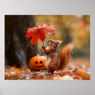 Cute Squirrel med Löv-paraply - höstregn Poster