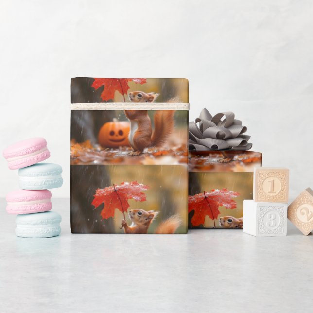 Cute Squirrel med Löv-paraply - höstregn Presentpapper (Baby Shower)